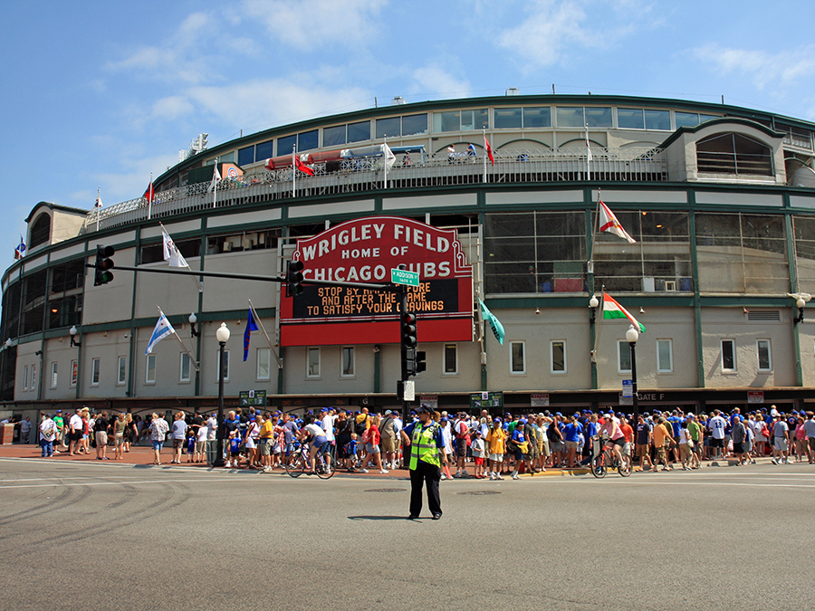 Exterior of Wrigley Field Home of the Chicago Cubs. Chicago Cubs Wrigley Field Chicago, IL. National League baseball stadium. Major League Baseball (MLB). Baseball stadium.